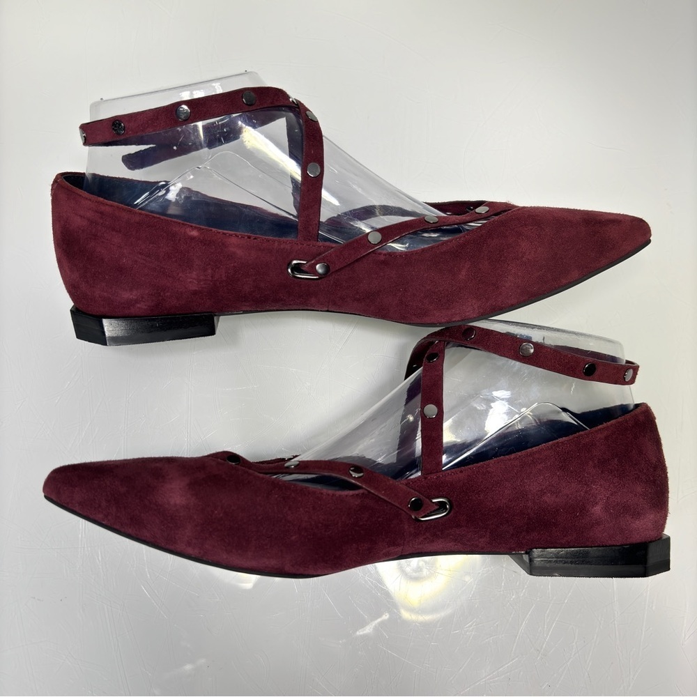 Rebecca Minkoff Faye Dark Maroon Suede Studded Straps Pointed‎ Toe Flats Size 8 - Picture 6 of 12